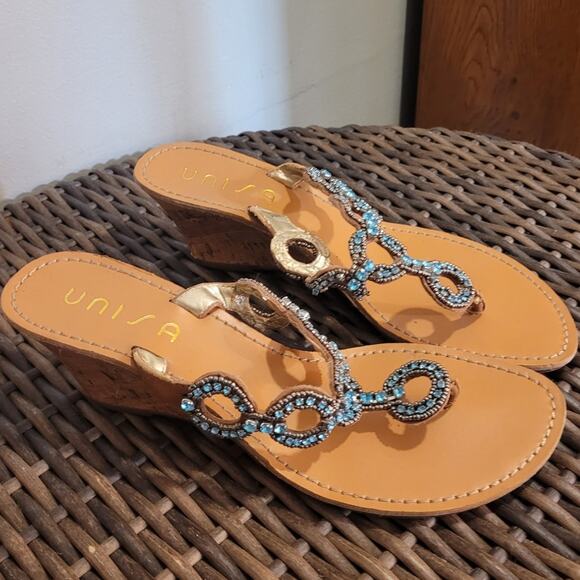 UNISA Rhinestone Cork Wedge Sandals 8 Tan Turquoise Flip Flop Beach Glam Resort - Picture 9 of 10